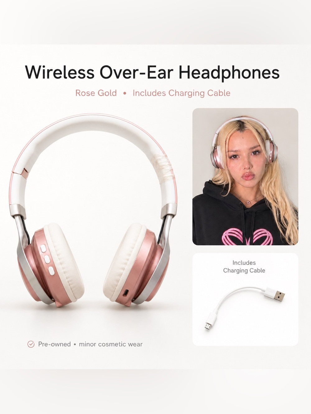 Gift 🎁 Rose Gold Wireless Over-Ear Headphones - Pink and White